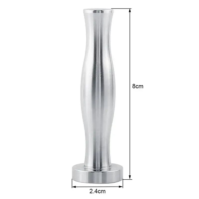 Silver aluminum espresso tamp with textured grip and rounded base for decorbites coffee capsule tower stand storage