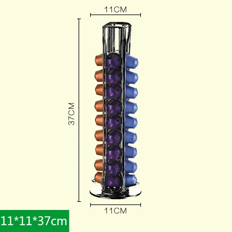 Chrome coffee capsule tower stand with sleek chrome finish stores nespresso capsules in purple blue and brown rows