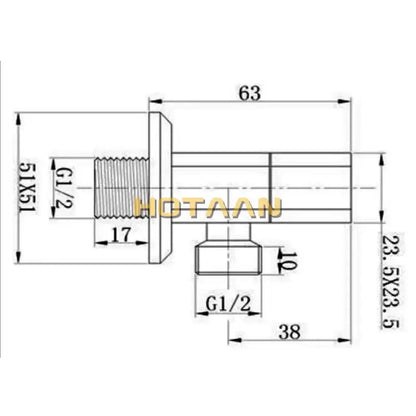 Technical drawing of a chrome copper triangle valve set with g1/2 threaded bolt for bathroom and toilet control