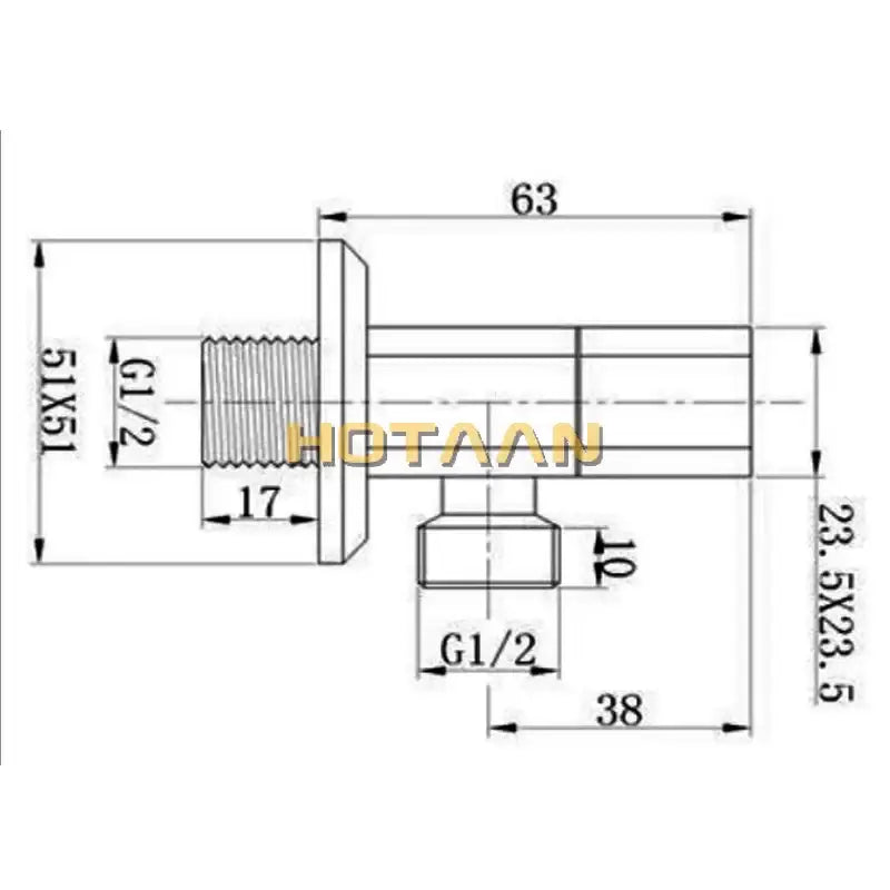 Technical drawing of a chrome copper triangle valve set with g1/2 threaded bolt for bathroom and toilet control