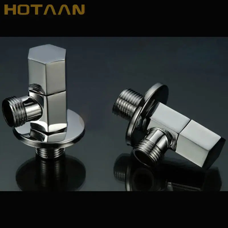 Shiny chrome copper triangle valve set with hexagonal body and threaded connections for bathroom and toilet control