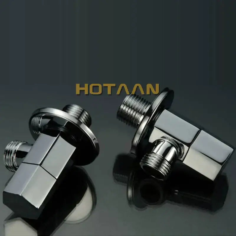Shiny chrome-finished copper triangle valve set with angular connectors for bathroom and toilet control by decorbites
