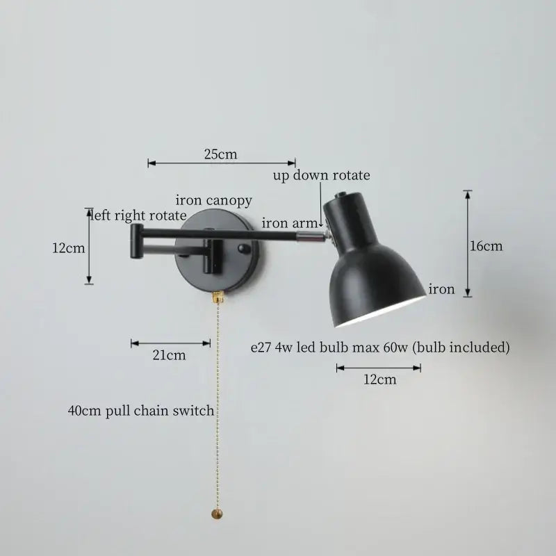 Black iron wall lamp with adjustable arm and pull chain switch for bedroom decorbites cream led swing lighting