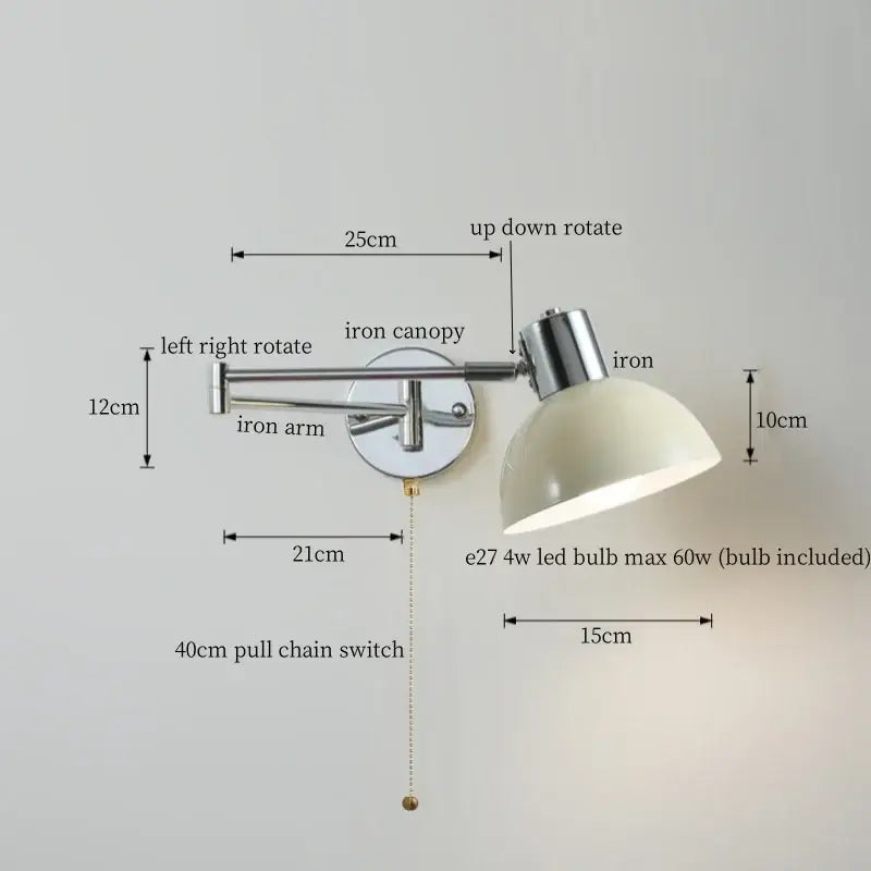 Adjustable chrome wall lamp with cream led dome shade swing arm and pull chain decorbites cream led for bedroom decor