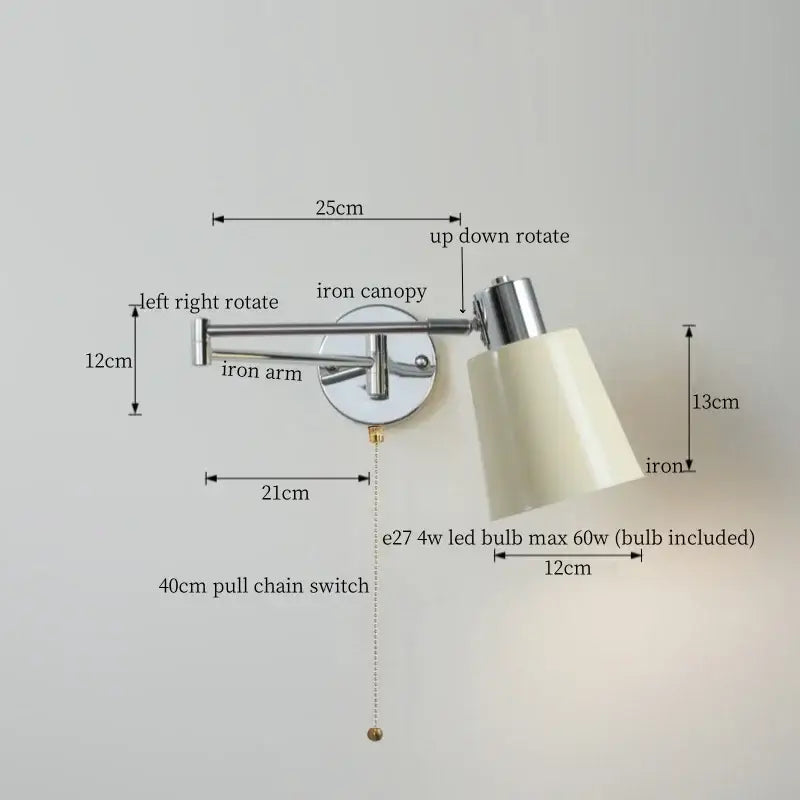 Chrome cream led swing wall lamp with cream conical shade chrome iron arm e27 led bulb and pull chain decorbites cream led