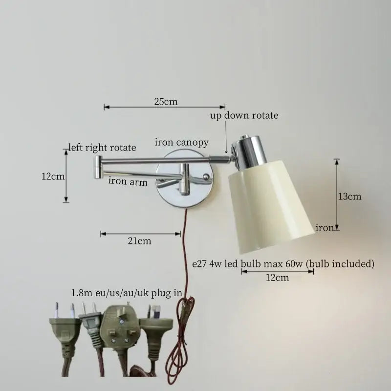 Adjustable chrome cream led swing arm wall lamp with iron canopy and cream conical shade for bedroom decorbites wall lamp