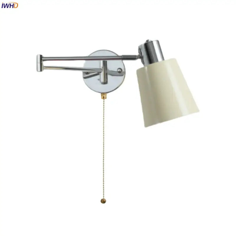 Chrome cream led swing wall lamp with adjustable arm cream conical shade and pull chain for bedroom decorbites cream led