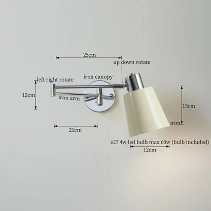 Adjustable chrome cream led swing arm wall lamp with conical shade and iron construction for bedroom decorbites cream led