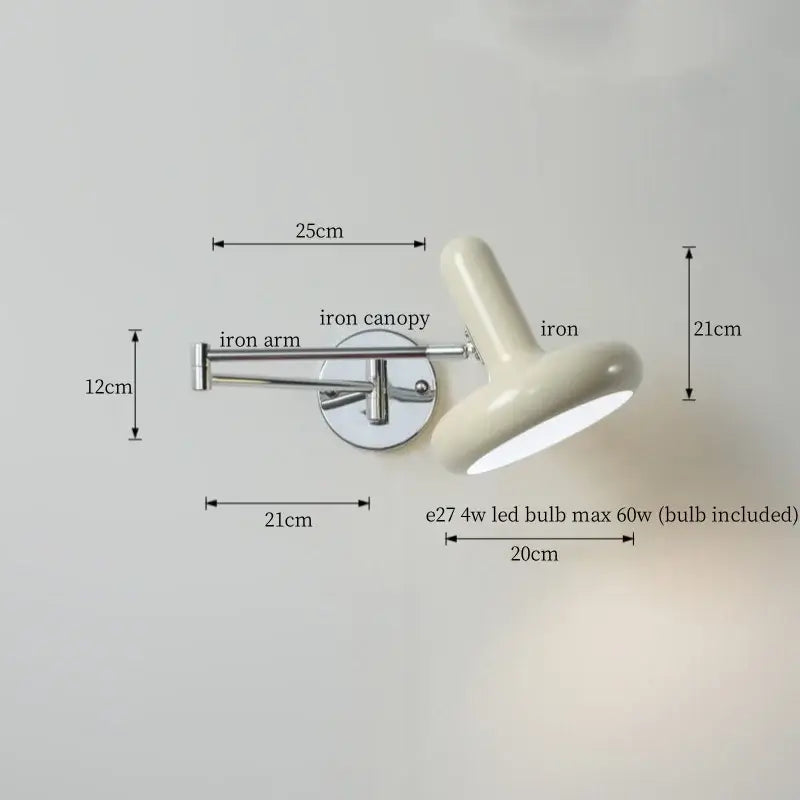 Cream-colored adjustable wall lamp with sleek iron arm and canopy decorbites cream led swing for bedroom use with pull chain