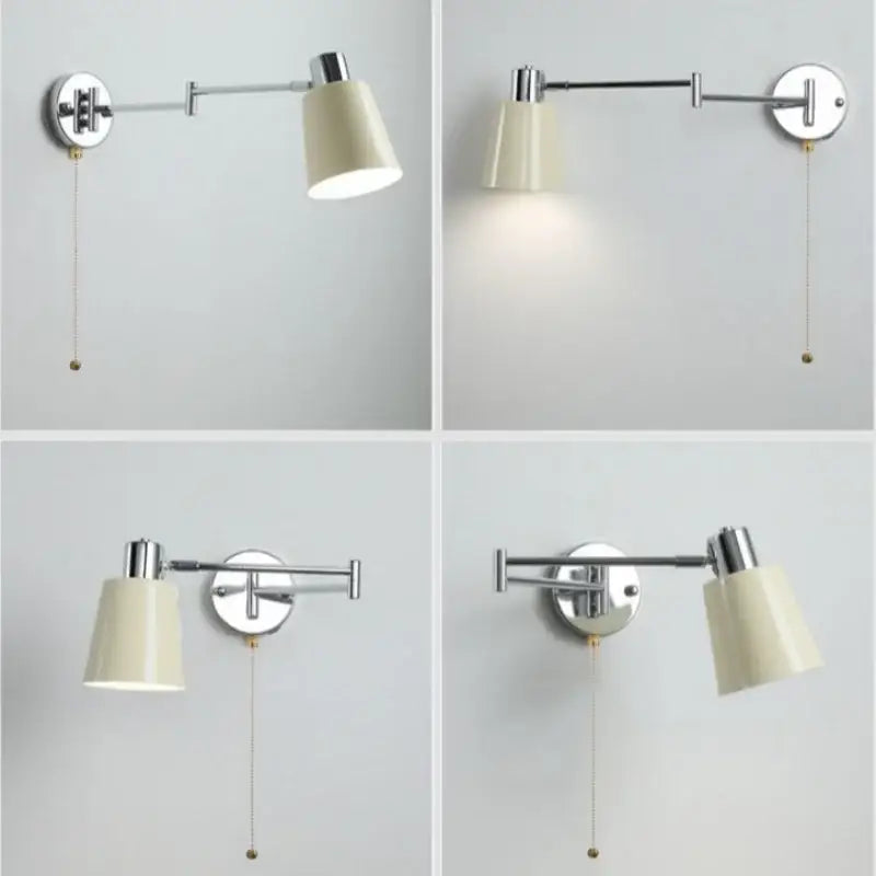 Chrome cream led swing arm wall lamp with conical shade and chrome finish wall sconce featuring pull chain switch
