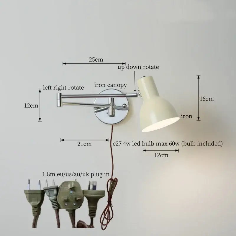 Adjustable wall lamp with cream iron canopy and arm featuring e27 led bulb for bedroom decorbites cream led swing