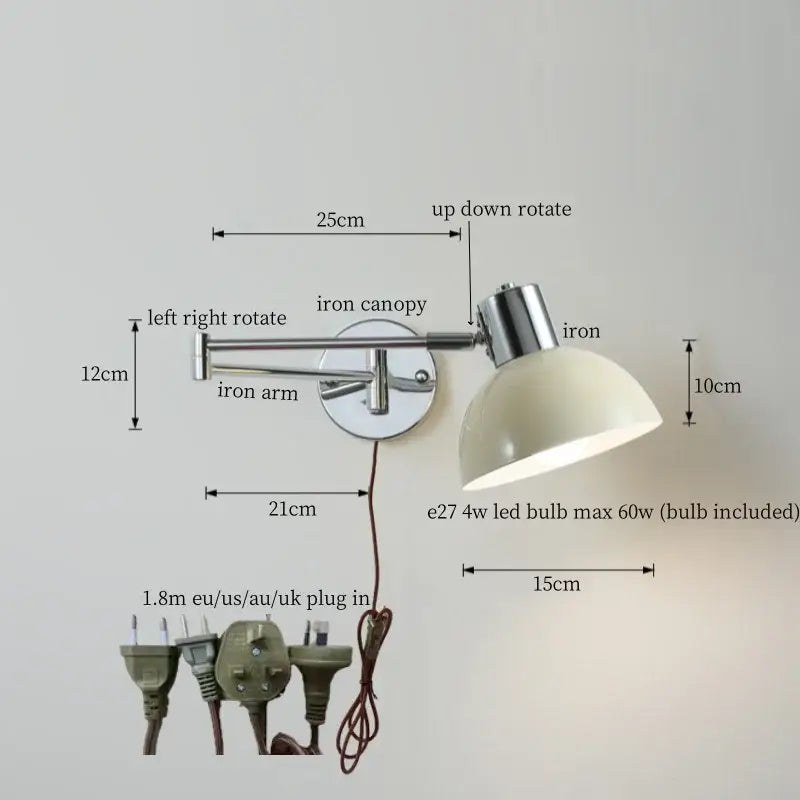 Adjustable chrome iron wall lamp with cream led swing arm shade and e27 led bulb for bedroom decorbites cream led