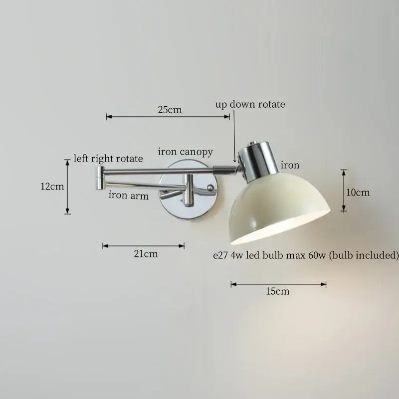 Adjustable chrome wall lamp with cream led swing arm and dome-shaped shade for bedroom decorbites cream led design