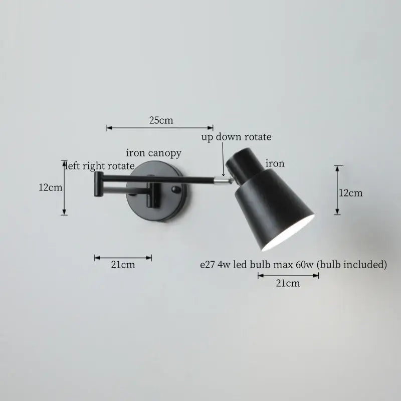 Black iron wall lamp with adjustable rotation featuring decorbites cream led swing arm design for bedroom use