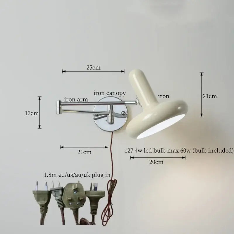 Cream-colored decorbites cream led wall lamp with chrome iron swing arm and pull chain for bedroom reading
