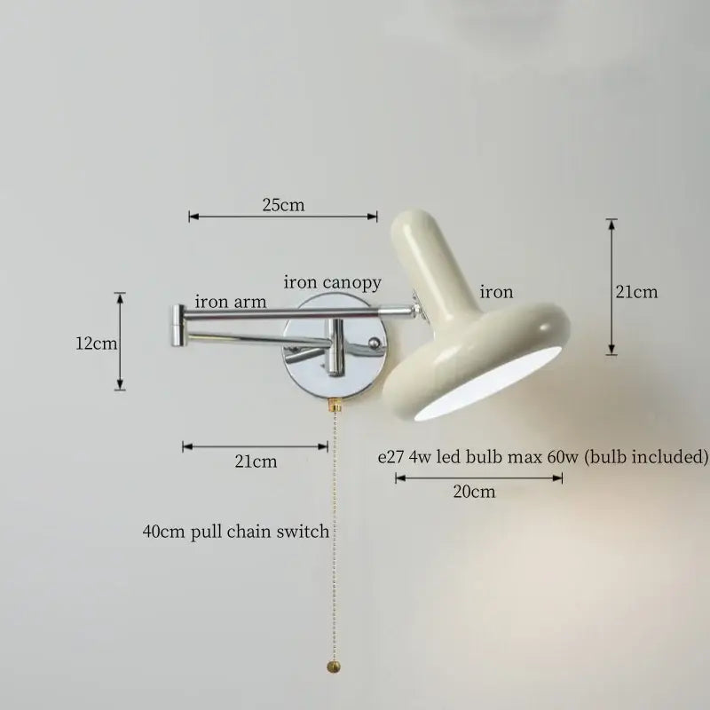 Cream led swing arm wall lamp with chrome iron arm and canopy featuring adjustable led spotlight and pull chain