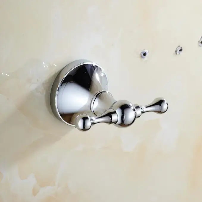 Chrome-finished double towel hook with polished spherical accents from decorbites brass crystal bathroom set