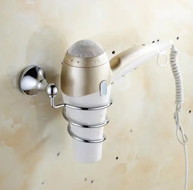 Gold and white handheld hair dryer mounted on chrome wall bracket in crystal bathroom set decorbites brass design