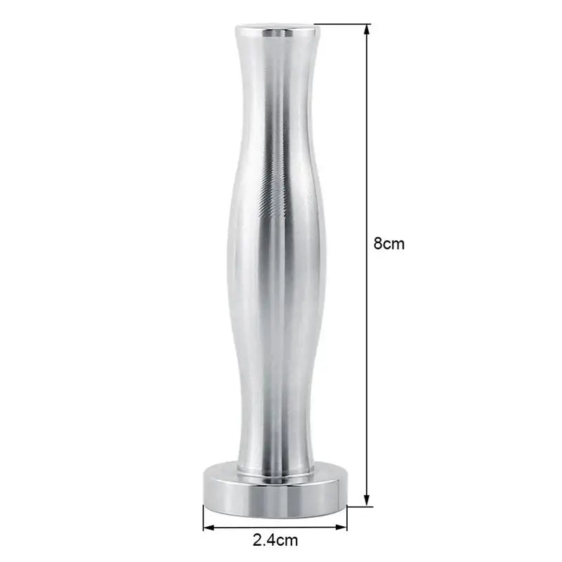 Silver aluminum espresso tamp with textured grip and flared base alongside chrome cylindrical coffee pod holder organizer