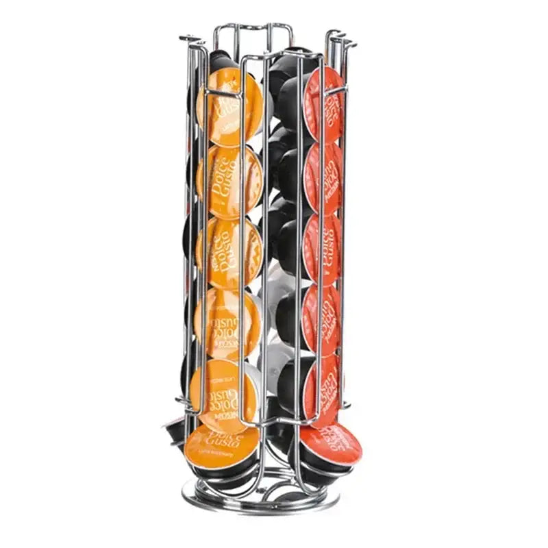 Chrome cylindrical stainless steel coffee pod holder organizing orange red and black dolce gusto coffee pods