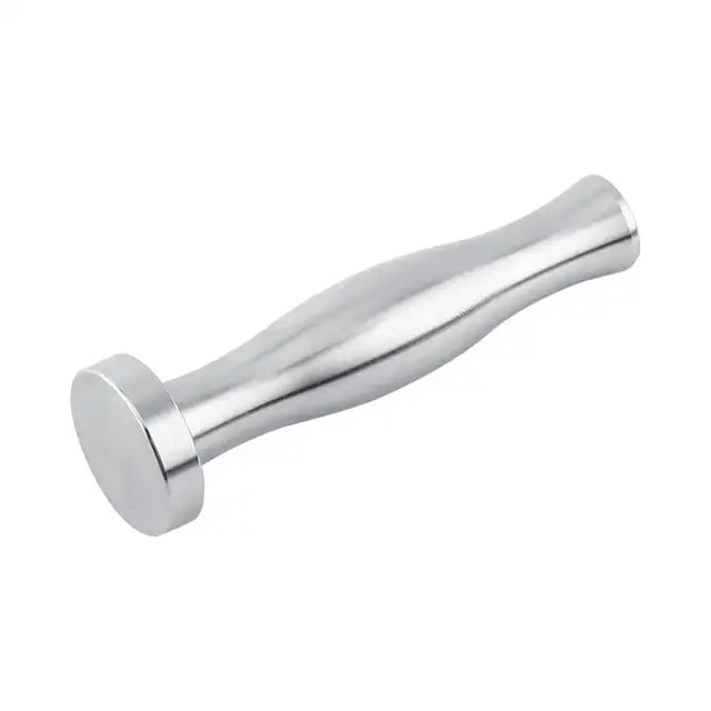 Chrome cylindrical coffee pod holder with shiny stainless steel espresso tamp and ergonomic rounded base handle