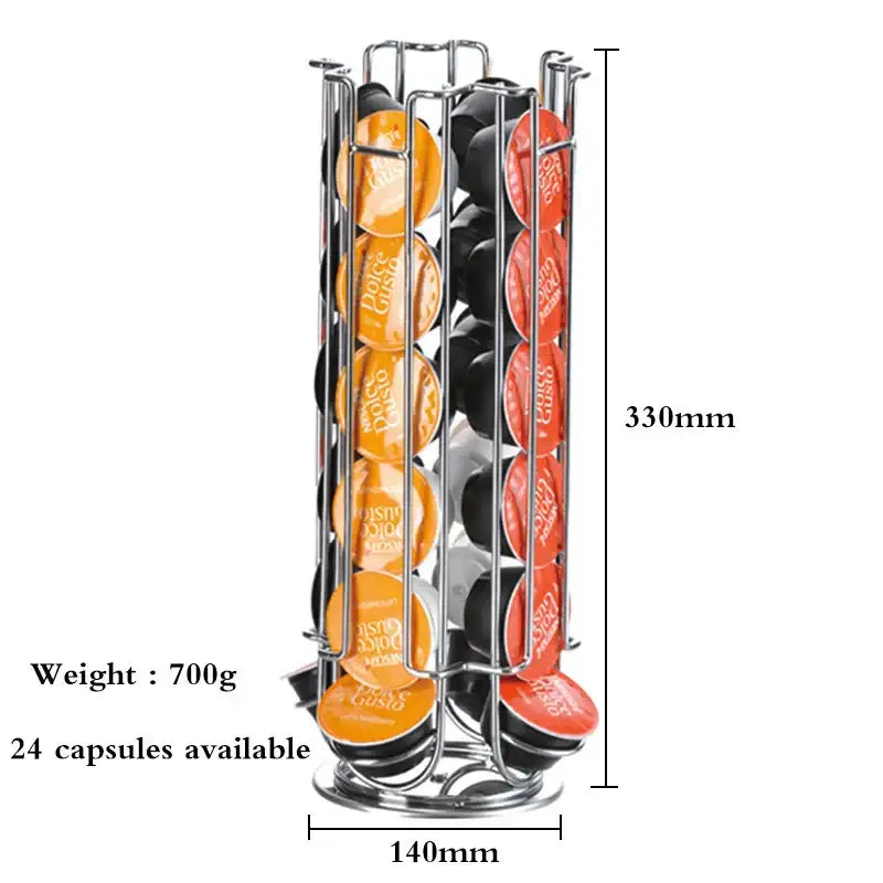 Chrome cylindrical stainless steel coffee pod holder with 24 slots holding orange and red Dolce Gusto capsules