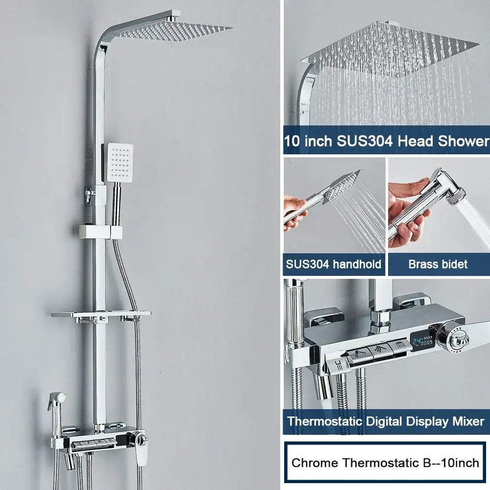 Chrome finished 10 inch square shower head with sus304 stainless steel in decorbites digital display shower system