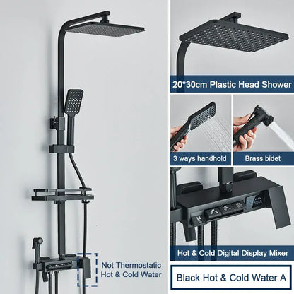Chrome decorbites digital display shower system with black matte finish, square rainhead, handheld spray, and tub spout