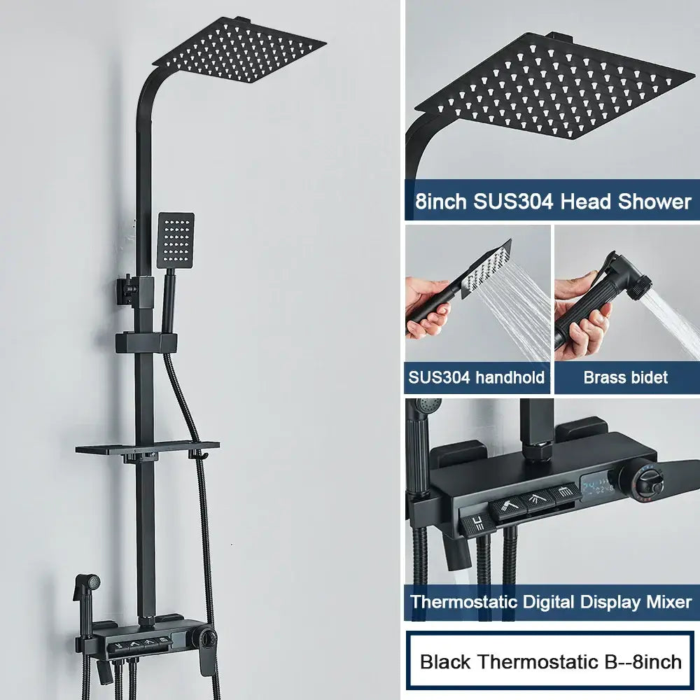 Black matte decorbites digital display shower system with square rainhead handheld sprayer and tub spout