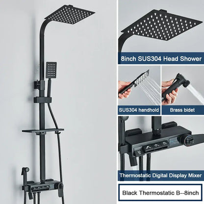 Black matte decorbites digital display shower system with square rainhead handheld sprayer and tub spout