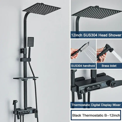 Black 12-inch sus304 head shower with matching handheld and brass bidet featuring digital display in decorbites digital display shower system