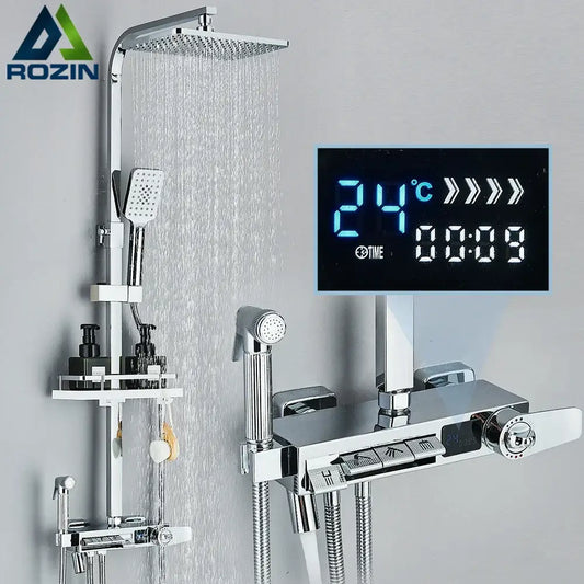 Chrome decorbites digital display shower system with rainhead handheld sprayer tub spout and chrome finish digital display
