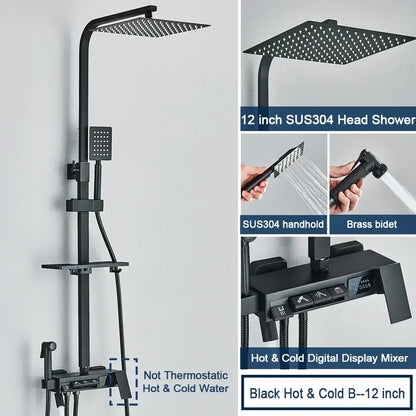 Black matte decorbites digital display shower system with square rainhead handheld shower and tub spout chrome bathroom