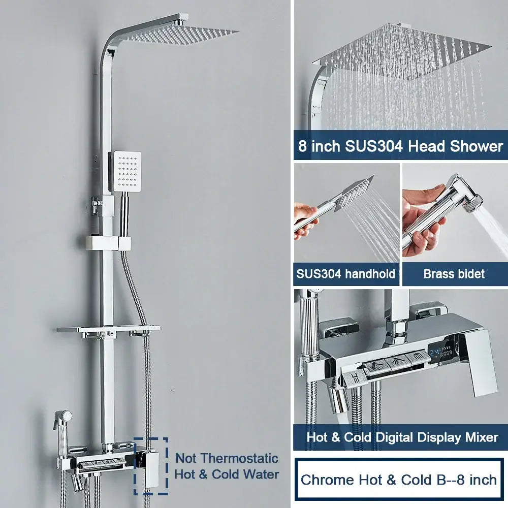 Chrome finish 8-inch square shower head with sus304 stainless steel and rain style spray for decorbites digital display shower system