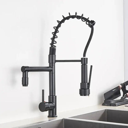 Black matte-finish decorbites kitchen faucet with pull-down spring hose and flexible coiled spray head for kitchen use