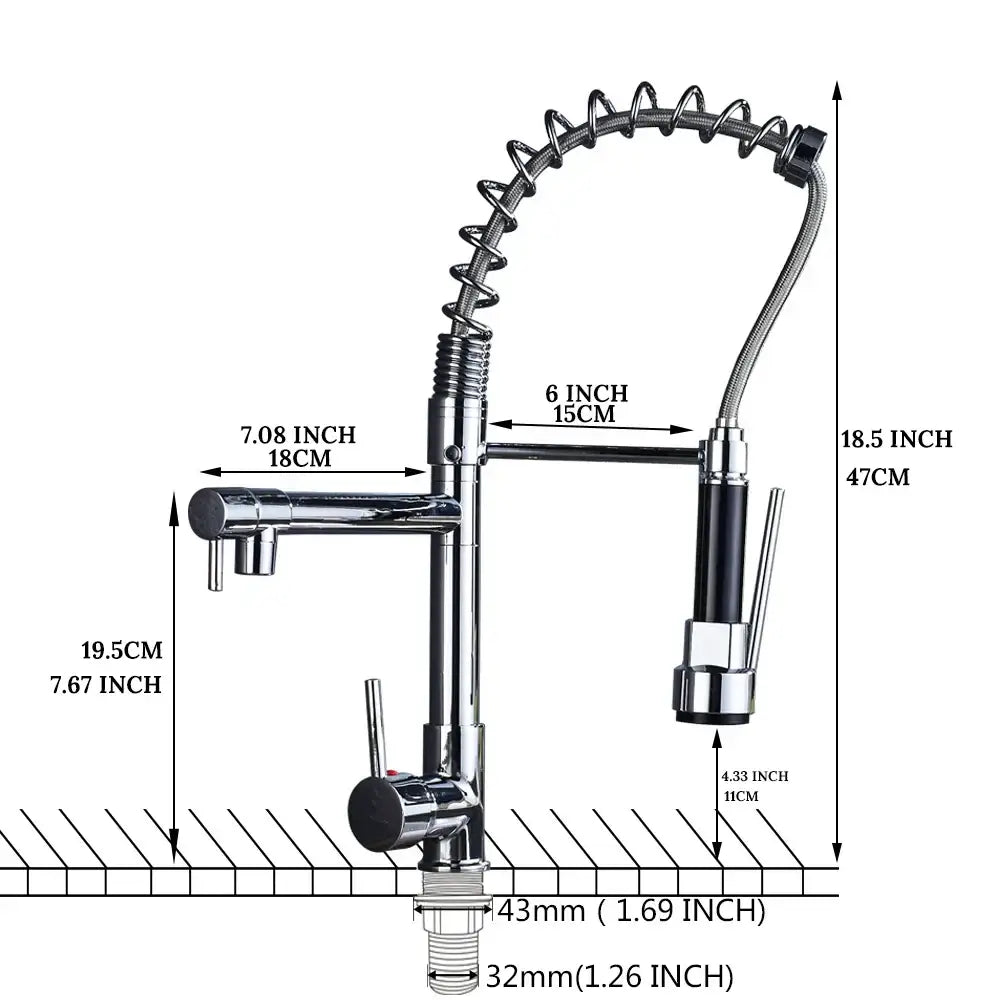 Chrome decorbites kitchen faucet with pull down spring hose featuring chrome finish, flexible gooseneck, and black spray head