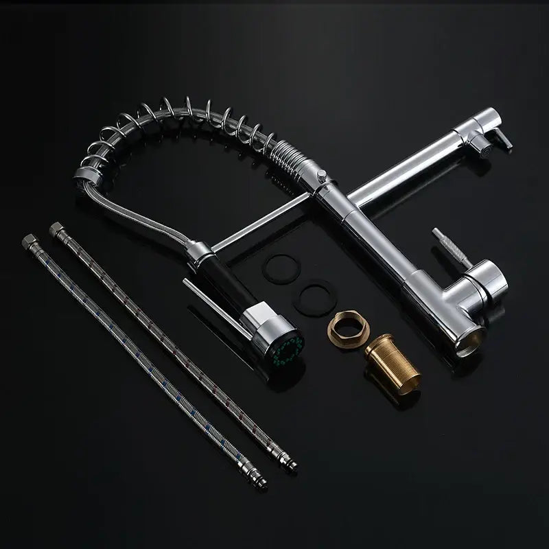 Chrome decorbites kitchen faucet with pull down spring hose featuring flexible coiled hose and chrome finish kitchen faucet