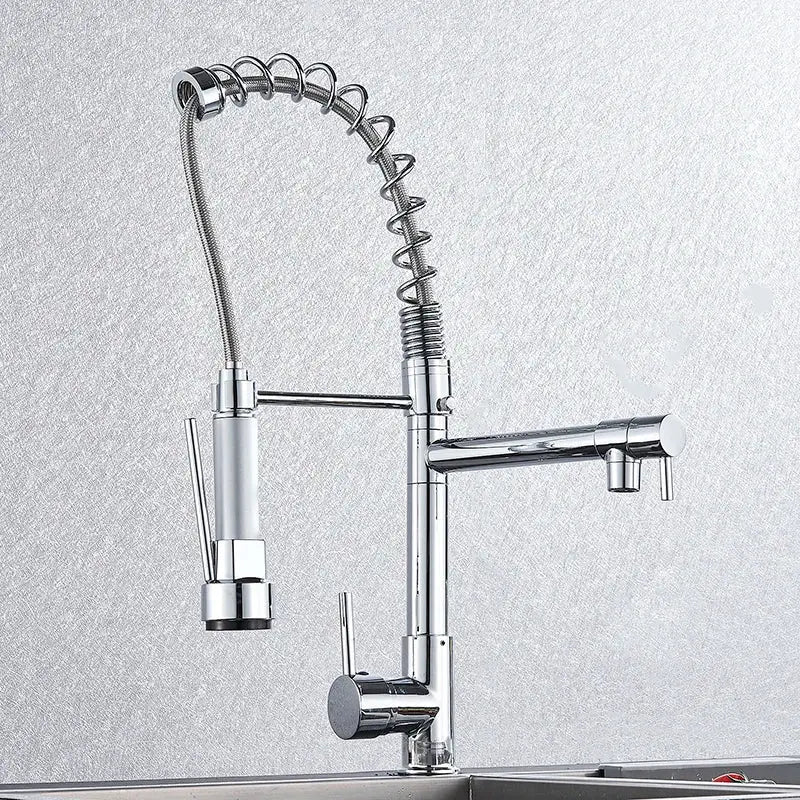 Chrome decorbites kitchen faucet with pull down spring hose and dual handles in chrome finish for hot and cold water control