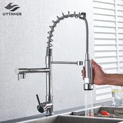 Chrome decorbites kitchen faucet with pull down spring hose featuring a flexible coiled chrome finished spray head