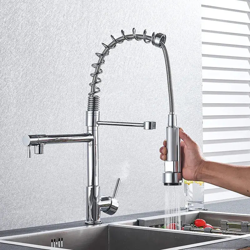Chrome decorbites kitchen faucet with flexible gooseneck pull-down spring hose in chrome finish for versatile kitchen use