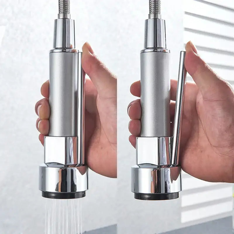 Modern chrome decorbites kitchen faucet with pull-down spring hose and sleek cylindrical body for versatile kitchen use