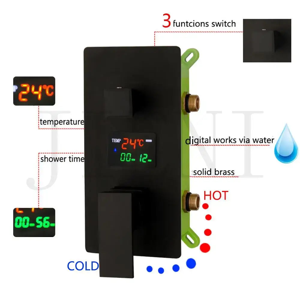Black solid brass shower mixer valve control panel with digital display showing temperature and time for bathroom wall mount