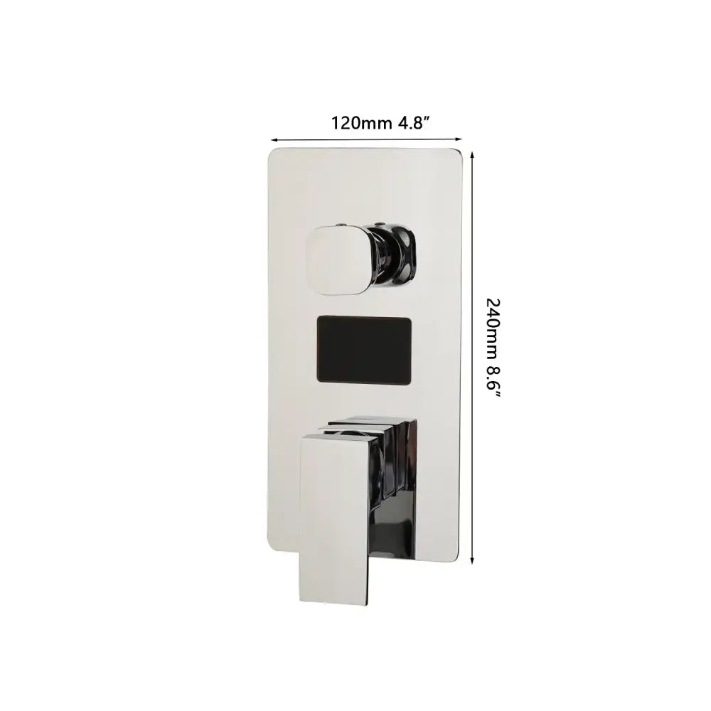 Chrome digital shower mixer valve control panel with modern chrome finish and black accent wall-mounted mixer valve control