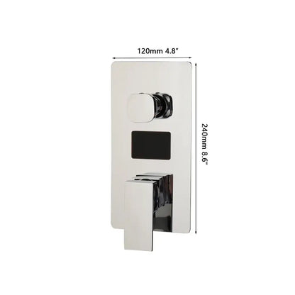 Chrome digital shower mixer valve control panel with modern chrome finish and black accent wall-mounted mixer valve control