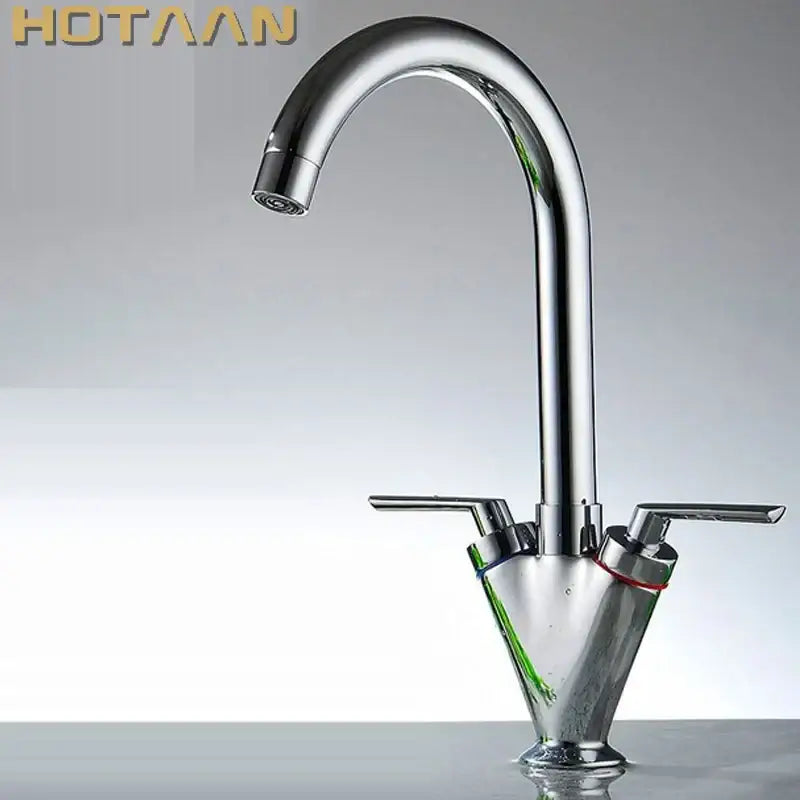 Chrome double handle kitchen sink mixer tap with swivel spout and sleek arched chrome-finished handles for modern use