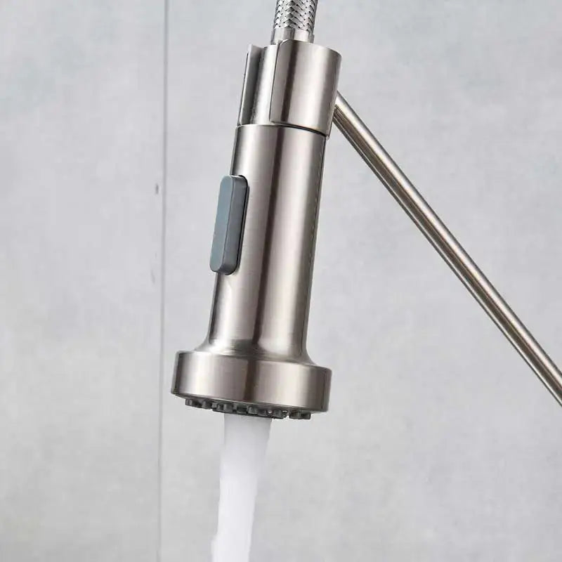 Stainless steel decorbites dual function kitchen sprayer head with sleek modern design and gray rectangular control button