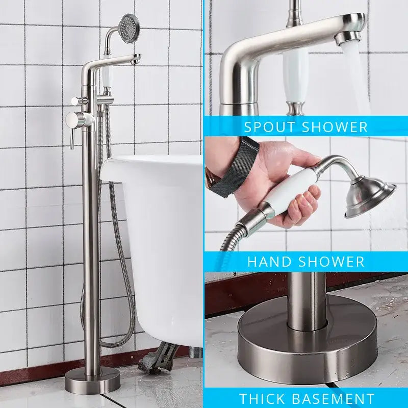 Chrome dual handle floor standing waterfall bathtub faucet with stainless steel and white ceramic handles by decorbites