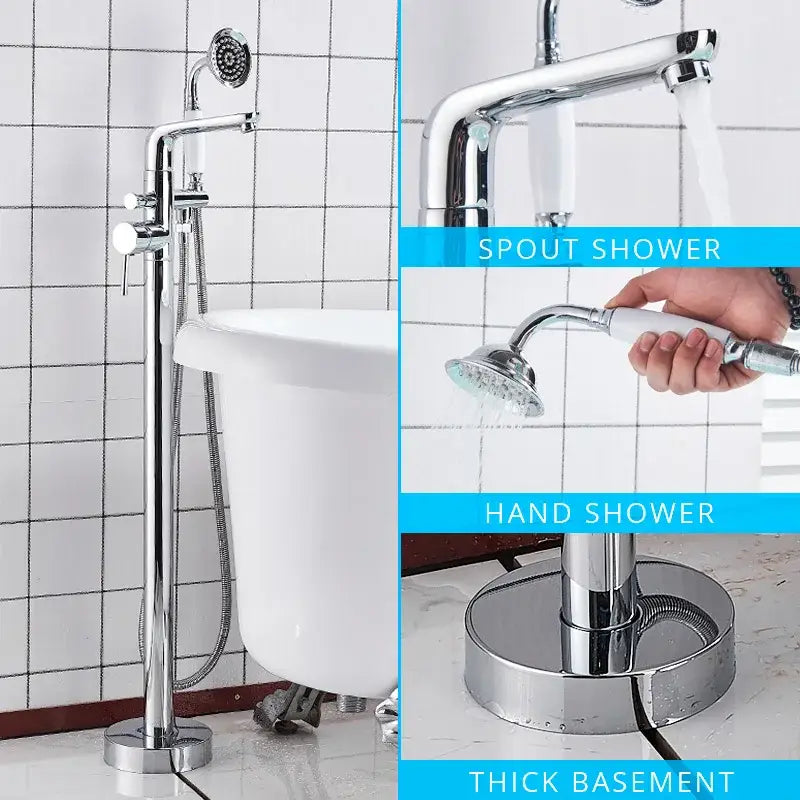 Chrome dual handle floor standing bathtub faucet set with waterfall spout and white ceramic hand shower head decorbites dual handle