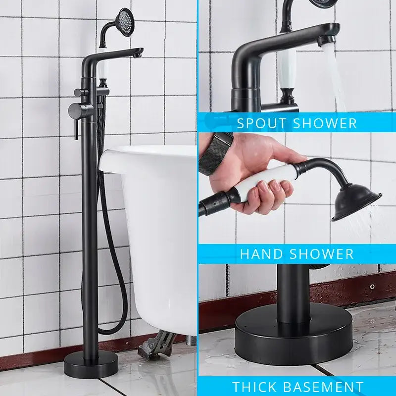Black matte decorbites dual handle floor standing bathtub faucet set with tall spout and detachable handheld showerhead