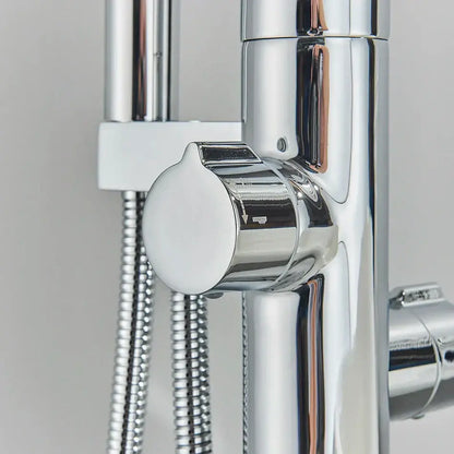 Chrome dual handle floor standing waterfall bathtub faucet with chrome finished mixer and flexible braided hoses by decorbites